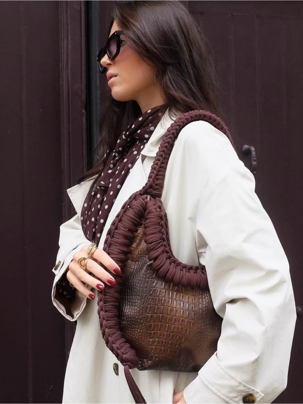Braided-Trim Croc-Effect Shoulder Bag in Chocolate Brown